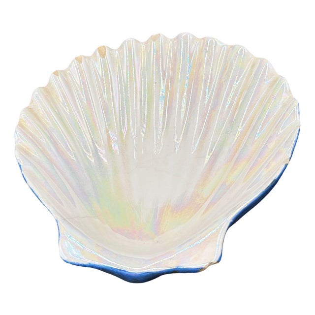 1950s Large 8" Mid-Century Rainbow Iridescent Ceramic Clam Shell Tropical Ashtray For Sale