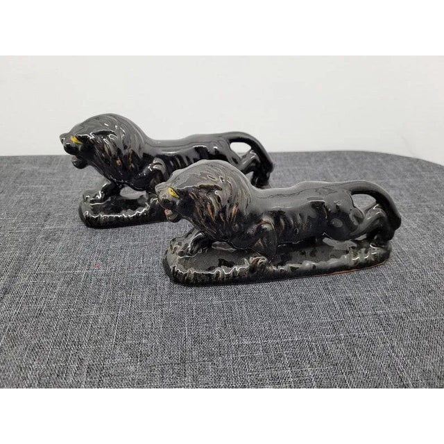 Art Deco Vintage Japan Black Redware Ceramic Lion Figurines - a Pair For Sale - Image 3 of 9