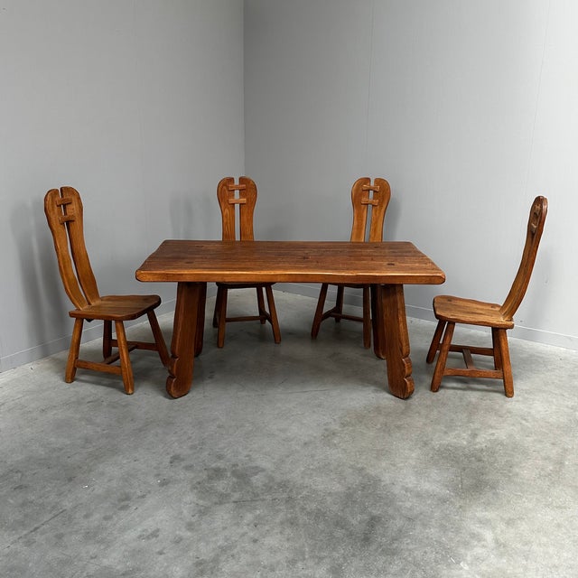 Brutalist Oak Dining Table and Chairs by De Puydt, Belgium, 1960s, Set of 5 For Sale - Image 11 of 14