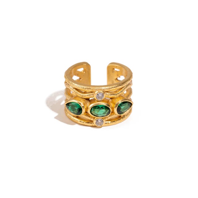 Metal Emerald & Diamond Regal Adjustable Gold Ring, Size 8 For Sale - Image 7 of 9