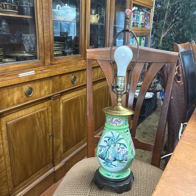 Asian Style Antique Chinese Enamel Lamp Signed Metzger's For Sale - Image 4 of 7