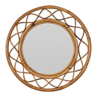 1960s Italian Wavy Rattan Circular Mirror For Sale