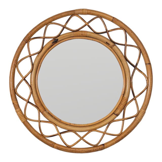 1960s Italian Wavy Rattan Circular Mirror For Sale