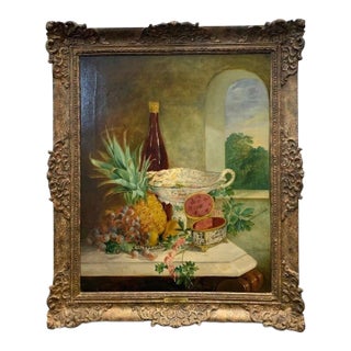 1878 e.j. Boussant Still Life Oil Painting — Fruit & Wine For Sale
