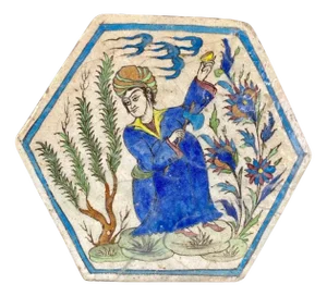 Hexagonal Hand-Painted Earthenware Tile, Asia