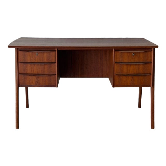 Teak 6-Drawer Executive Writing Desk With Sculpted Handles Vintage Mid-Century Modern 1960s For Sale