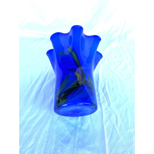 Vintage Blue Ruffled Murano Style Vase For Sale - Image 4 of 4