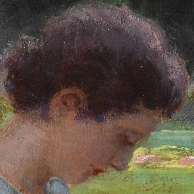 Henri-Charles Angéniol, Young Woman Sewing in the Garden, Oil on Wood, 20th Century, Framed For Sale - Image 7 of 10