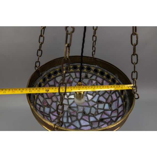 Art Nouveau French Blue and Violet Stained Glass Pendant Light, 1920s For Sale - Image 18 of 18