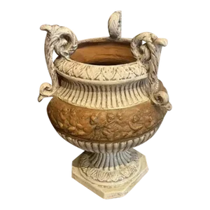 1990s Italian Hand-Painted Terra Cotta Urn/Planter With Three Handles