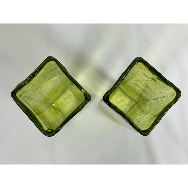 Art Glass MCM Pale Yellow Green Crackle Glass Rectangular 10" Vintage Vases-Pair For Sale - Image 4 of 9