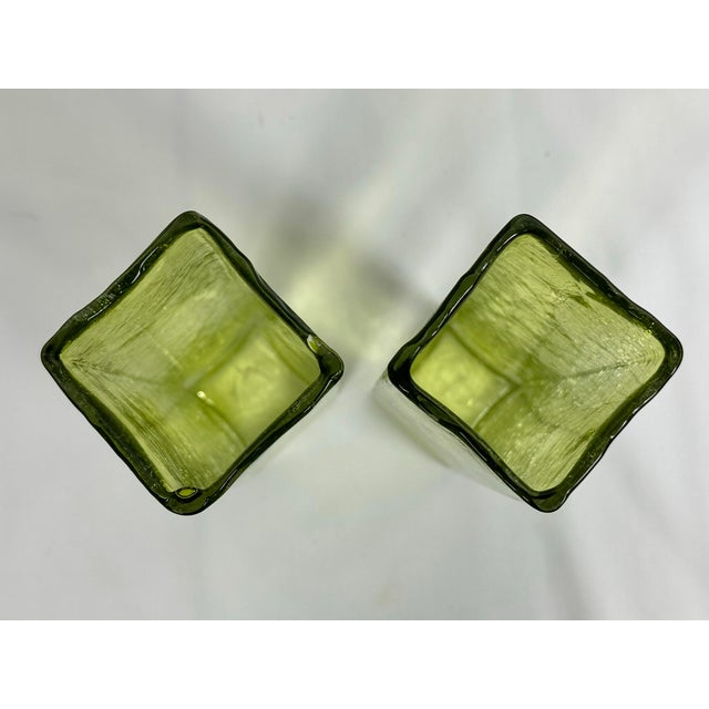 Mid 20th Century Art Glass Pale Yellow Green Crackle Glass Rectangular Vases - a Pair For Sale - Image 4 of 9