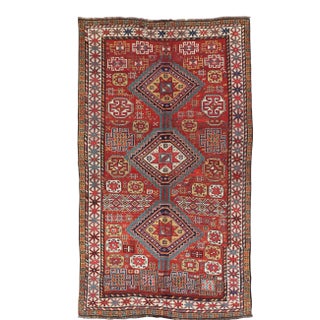 Antique Qashqai Rug With Geometric Motifs in Red, Blue, and Golden Yellow For Sale