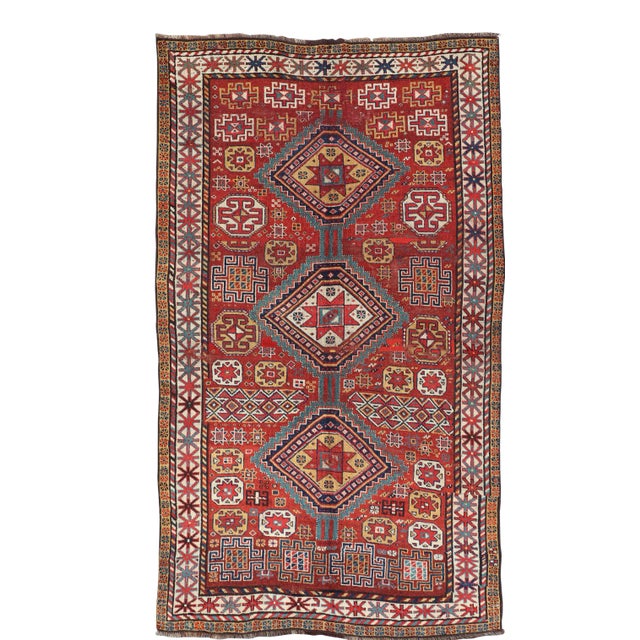 Antique Qashqai Rug With Geometric Motifs in Red, Blue, and Golden Yellow For Sale