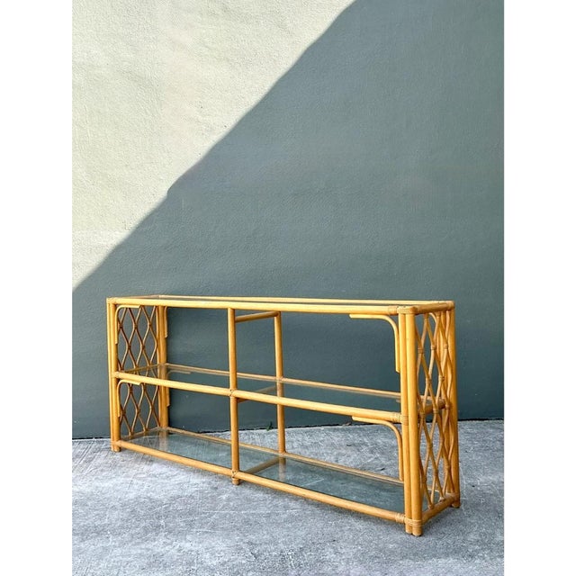 Vintage Trellis Rattan and Glass Console Table For Sale - Image 10 of 12