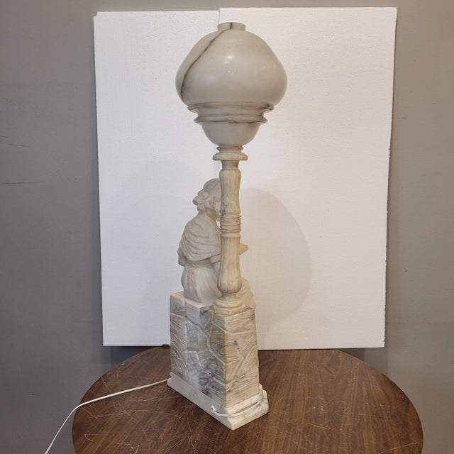 1920s Early 20th Century Art Nouveau Girl Reading Table Lamp in Alabaster, Italy, 1920s For Sale - Image 5 of 18