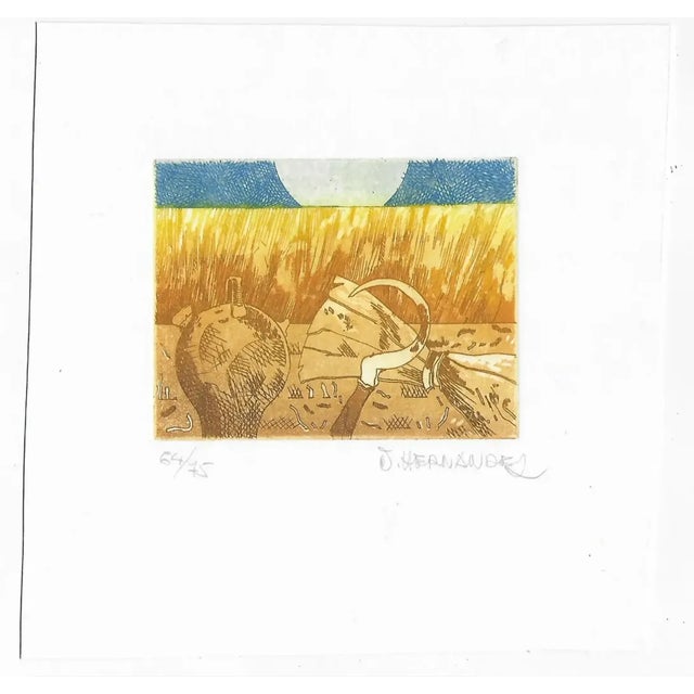 Color etching of a field of wheat with a water jug and a sickle. Signed Hernandez lower right, numbered 64 of 75 lower...