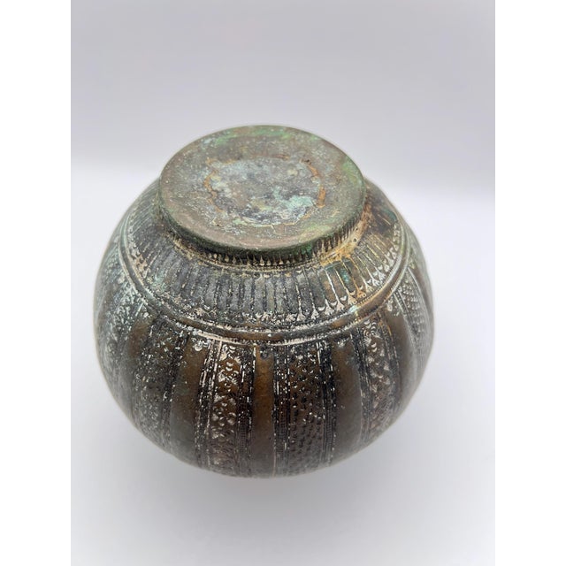 Tribal Antique Engraved Bronze Water Vessel (Lota) With Natural Patina For Sale - Image 3 of 5