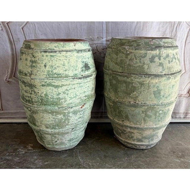 Pair of Mediterranean Barrel Olive Jars - Heavily Patinated Verdigris Terracota For Sale - Image 14 of 14