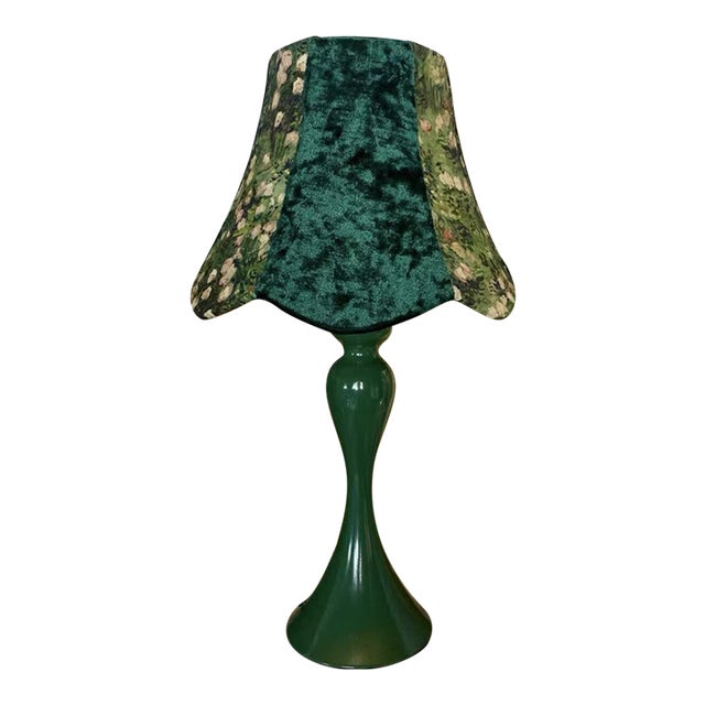 Forest Green Velvet & Floral Fabric Table Lamp For Sale
