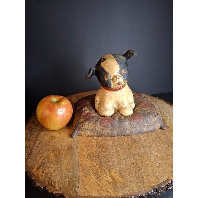 Hubley Manufacturing Company Antique Hubley Cast Iron Fido on Pillow Still Penny Bank, Original Paint C. 1920s For Sale - Image 4 of 17
