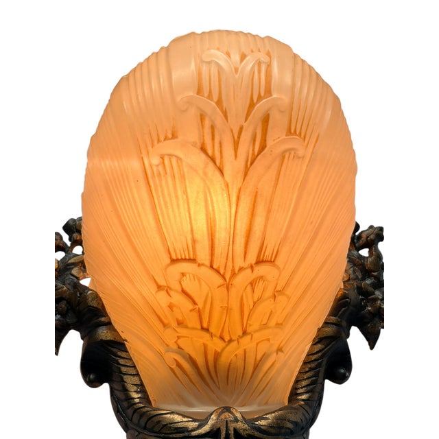 1930s Cast Bronze Wall Sconces With Ivory Art Deco Shades Original Finish - Pair For Sale - Image 10 of 15