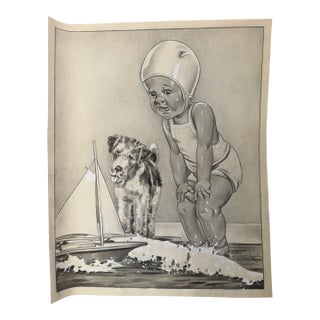 1940s Original Signed Graphite Illustration of Child With Toy Sailboat and Dog, 13 × 10.5 In. For Sale