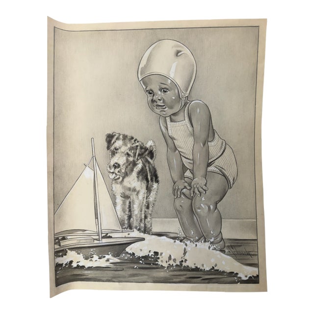 1940s Original Signed Graphite Illustration of Child With Toy Sailboat and Dog, 13 × 10.5 In. For Sale