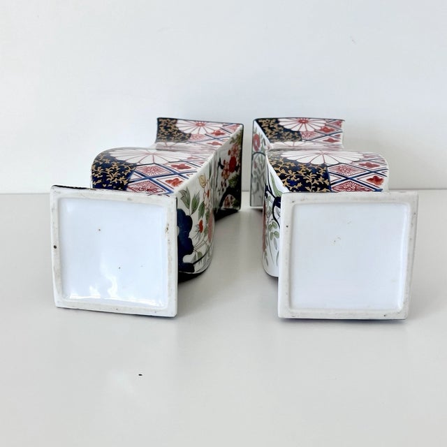 Mid-Century Modern Vintage MCM Japanese Imari Porcelain Square Waisted Vases-Set of 2 For Sale - Image 3 of 8