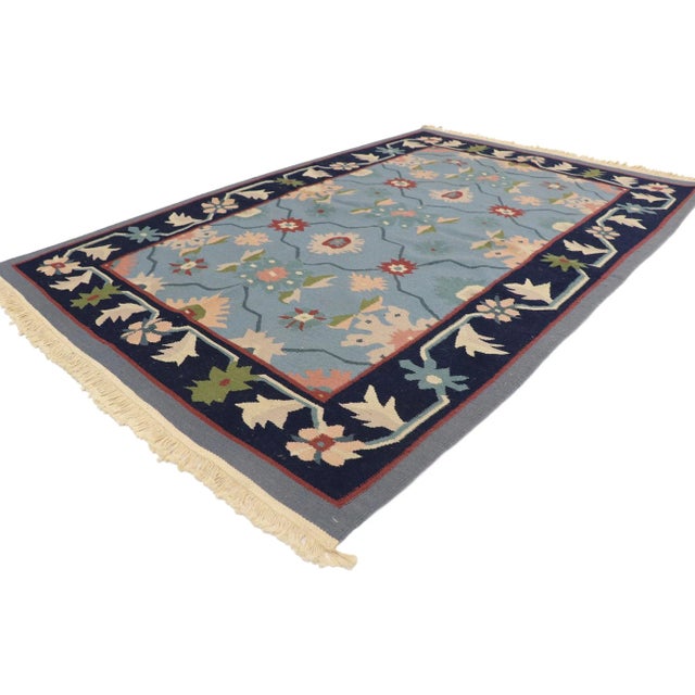 77991 Vintage Romanian Floral Kilim Rug with Folk Art Cottage Style 03'11 x 05'10. Delicately feminine and beautifully...