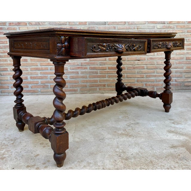 Wood French Carved Wood Writing Table With Barley Twist Legs, Mid-20th Century For Sale - Image 7 of 17