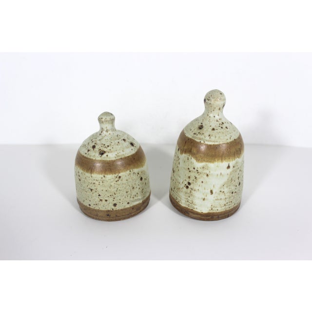 1970s Vintage Studio Pottery Salt and Pepper Shakers Speckled Stoneware Signed by Artist For Sale - Image 5 of 7