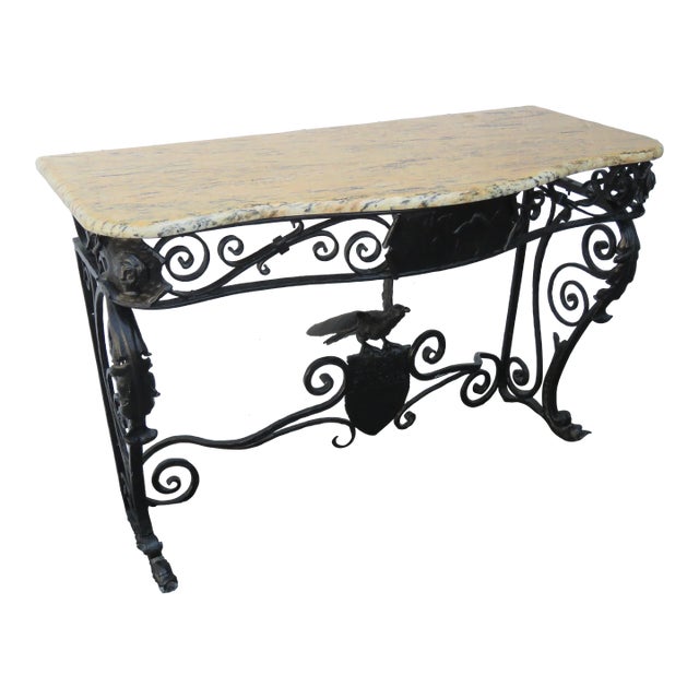 Art Deco Style Marble Top Painted Black Metal Bird Design Console Table For Sale