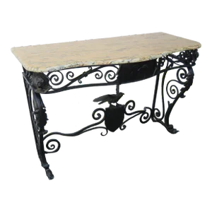 Art Deco Style Marble Top Painted Black Metal Bird Design Console Table