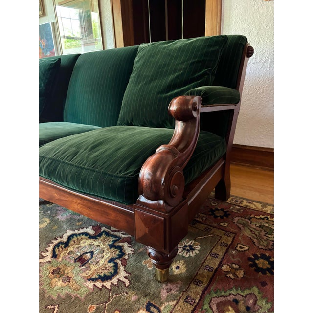 Wood 1990s Ralph Lauren American Oversized Velvet Green Upholstered Sofa With Scroll Wood Arms For Sale - Image 7 of 12