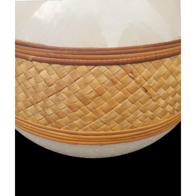 Wood Vintage Rattan Wrapped Off White Round Boho Ceramic Table Lamps- A Pair For Sale - Image 7 of 7