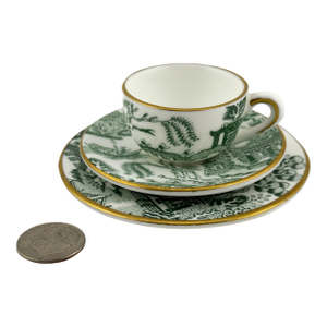 1970s Coalport Miniature Cup, Saucer & Plate – Willow Pattern, Green With Gold Rim, Rare Collectible Trio