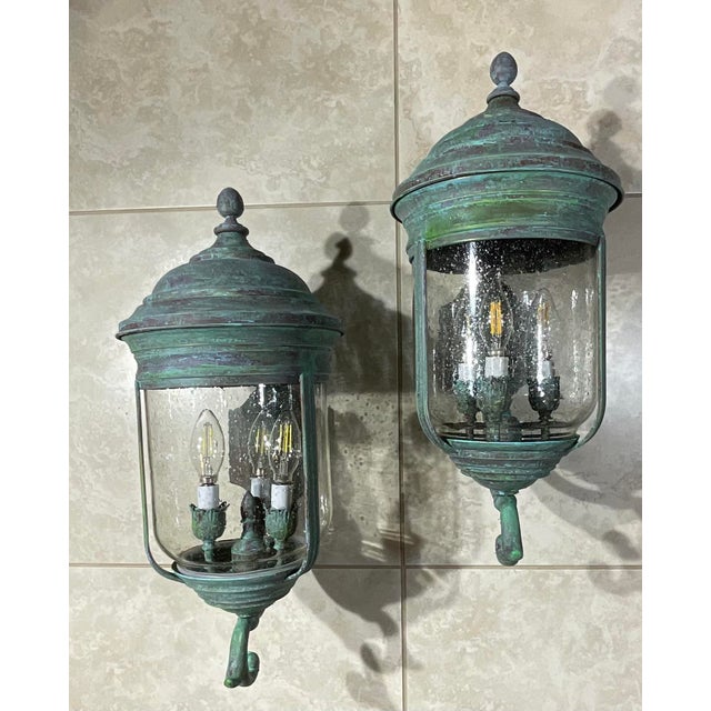 Pair of Vintage Solid Brass Wall Lanterns /Sconces 22”x10”x11”.5 For Sale - Image 11 of 16
