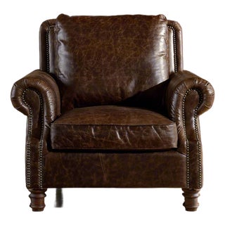 English Rolled Arm - Arm Chair - Dark Brown Leather For Sale
