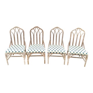 1960s Henry Link Rattan & Faux Bamboo Dining Chairs Newly Upholstered in Sister Parish Fabric - Set of 4 For Sale