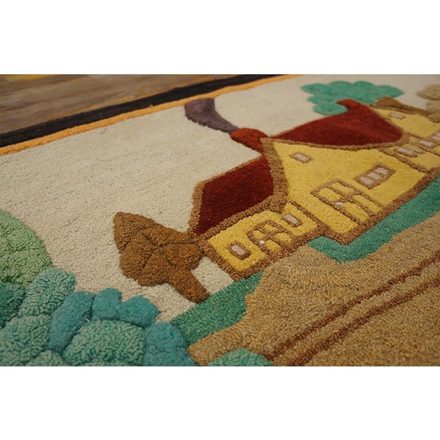 1920s Colorful Scene Cabin Folk Art Antique American Hooked Rug 2'6" X 4'6" Handknotted Wool Carpet For Sale - Image 4 of 5