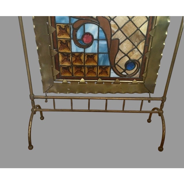 Brass Antique Victorian Jeweled & Leaded Stained Glass Fireplace Screen For Sale - Image 8 of 11