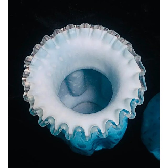 Pair of 1920s Aqua Satin Webb Ruffled Polka Dot Cased Glass Vases For Sale - Image 6 of 9