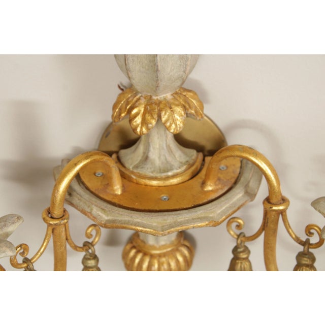Wood Italian Hollywood Regency Pair Parcel Gilt 2-Light Wall Sconces For Sale - Image 7 of 12