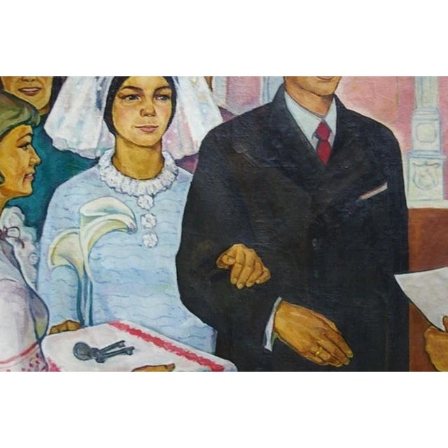 Weddingbirth Antique Oil Painting Original Socialist Realism Soviet Art Ukrainian Artist Novak 117-179 1970 For Sale - Image 6 of 6