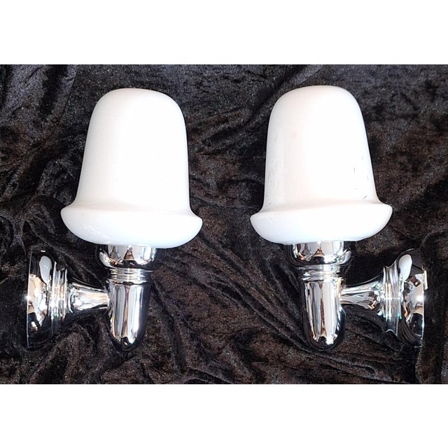 Vintage Wall Lamps with Chrome-Plated Brackets and Opaque White Glass Shades from Hillebrand-Leuchten, 1980s, Set of 2, in...