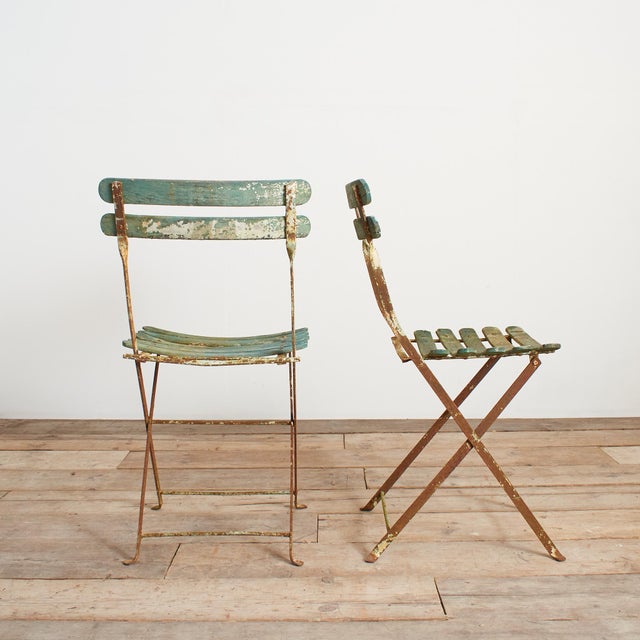 Antique French Folding Slatted Garden Bistro Chairs, 1920s, Set of 2 For Sale - Image 13 of 15