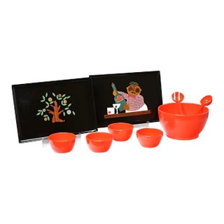 Mid-20th Century Mid-Century Modern Pair Couroc Trays & Orange Vintage Plastic Salad Serving Set For Sale