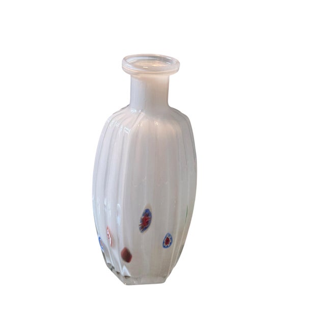 Italian Mid Century Italian Murano Style White Ribbed Rigadin Glass Vase With Millefiori Murrine For Sale - Image 3 of 9