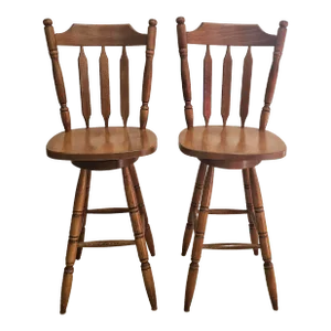 Pair of Mid Century Arts and Crafts Style Stained Maple Swivel Bar Stools